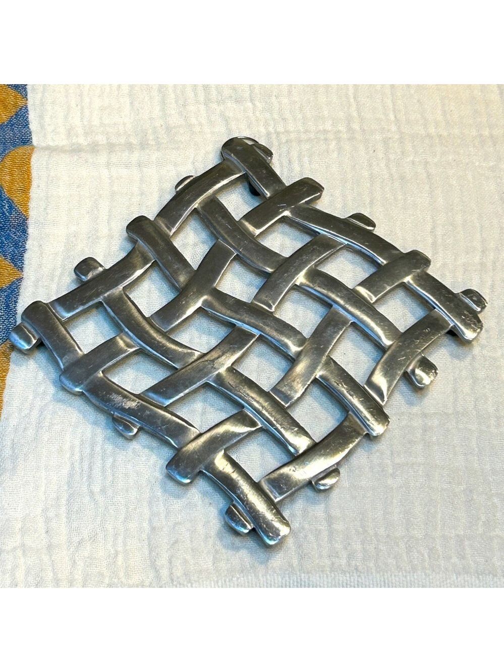 1980s Vintage Stainless Steel Silver Woven Metal Trivet Easy Hang Small Space
